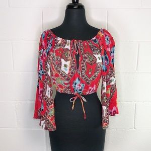 Asos Floral Cropped Shirt With Bell Sleeves Tie Bottom And Neck